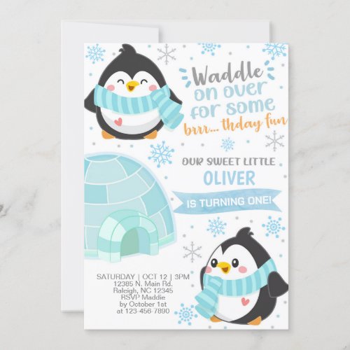 Winter penguins boy birthday invitation invitation