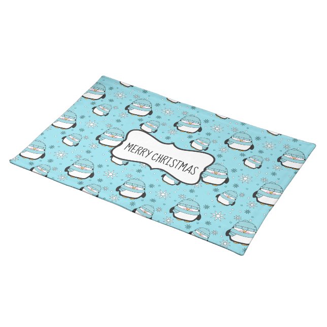 Winter Penguins Cloth Placemats  20" x 14" (On Table)