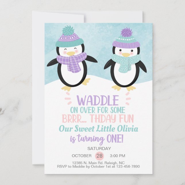 Winter penguins girl birthday invitation. invitation (Front)
