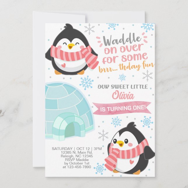 Winter penguins girl birthday invitation. invitation (Front)