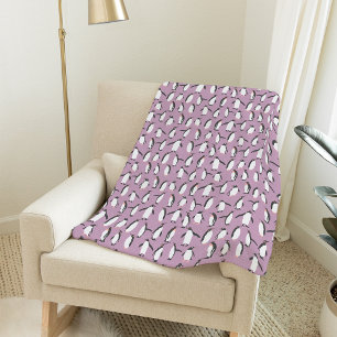 Winter Penguins Pattern on Snowy Purple Fleece Blanket