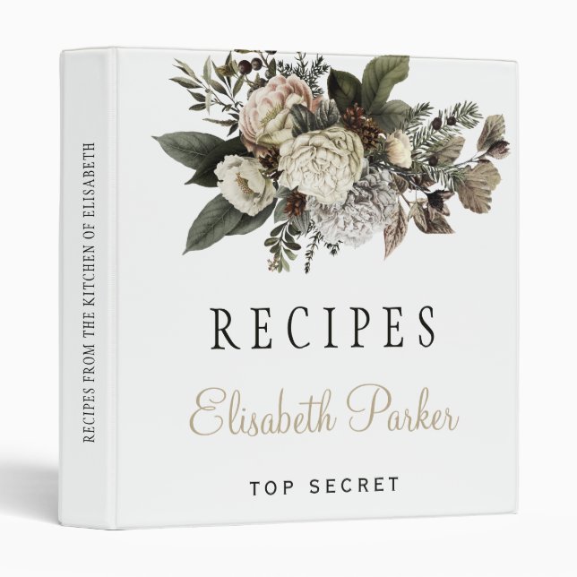 Winter peonies bouquet bridal shower recipe book 3 ring binder (Front/Spine)