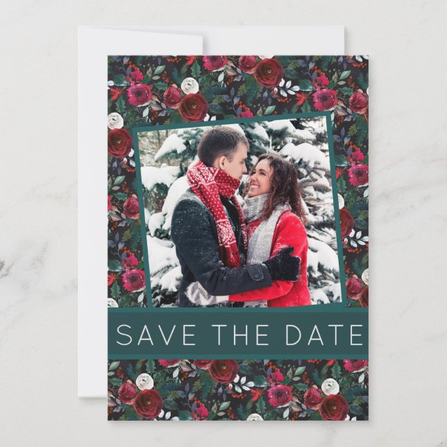 Winter Peonies Green Burgundy Christmas Photo Save The Date (Front)