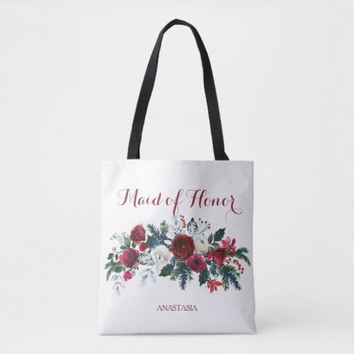 Winter peonies watercolor bouquet maid of honor tote bag