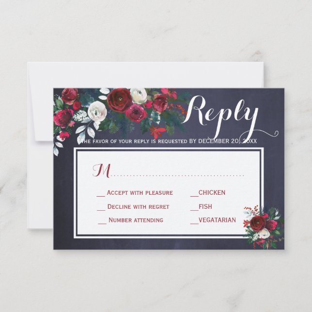 Winter Peonies Wedding Response Meal Choice RSVP (Front)