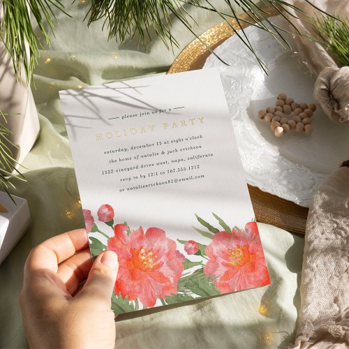 Winter Peony Holiday Party Foil Invitation