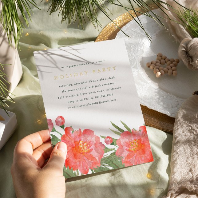 Winter Peony Holiday Party Foil Invitation (Creator Uploaded)