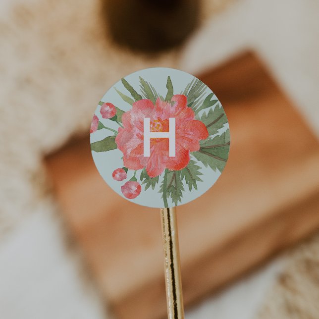 Winter Peony Monogram Classic Round Sticker (Creator Uploaded)