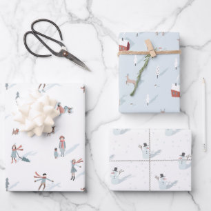 Winter People Village Snowman Christmas Holiday Wrapping Paper Sheets