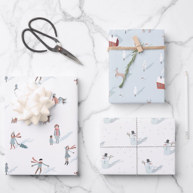 Winter People Village Snowman Christmas Holiday Wrapping Paper Sheets (Front)
