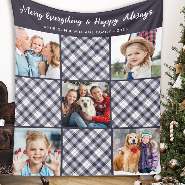 Winter Personalized Blue Gray Plaid Photo Collage Fleece Blanket (Creator Uploaded)