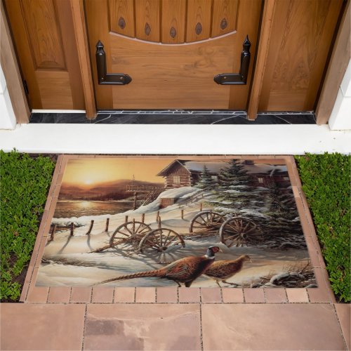 Winter Pheasant Sunset Lake Cottage Doormat