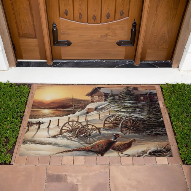 Winter Pheasant Sunset Lake Cottage Doormat (Outdoor)