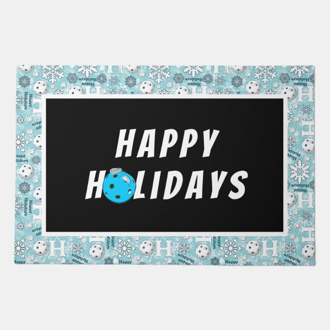 Winter Pickleball Snowballs Blue Happy Holidays Doormat (Front)