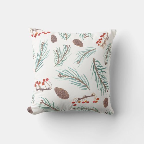 Winter Pine and Berries on white background Throw Pillow