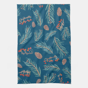 Winter Pine and Berries Watercolor Pattern Kitchen Towel