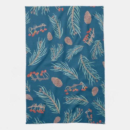 Winter Pine and Berries Watercolor Pattern Kitchen Towel