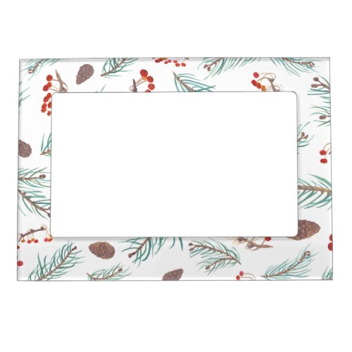 Winter Pine and Berries Watercolor Pattern Magnetic Frame