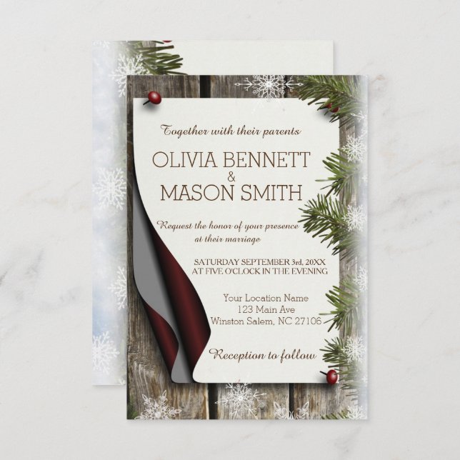 Winter Pine and Snowflakes Wedding Card (Front/Back)