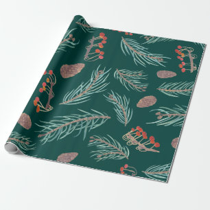 Winter Pine & Berries Watercolor Botanical Pattern Wrapping Paper