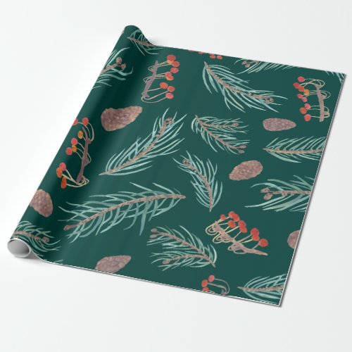 Winter Pine  Berries Watercolor Botanical Pattern Wrapping Paper