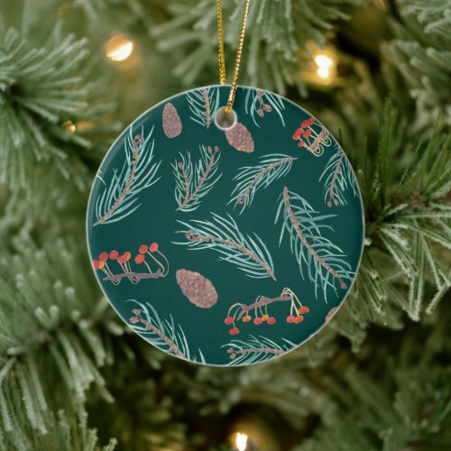 Winter Pine  Berries Watercolor Pattern Ceramic Ornament