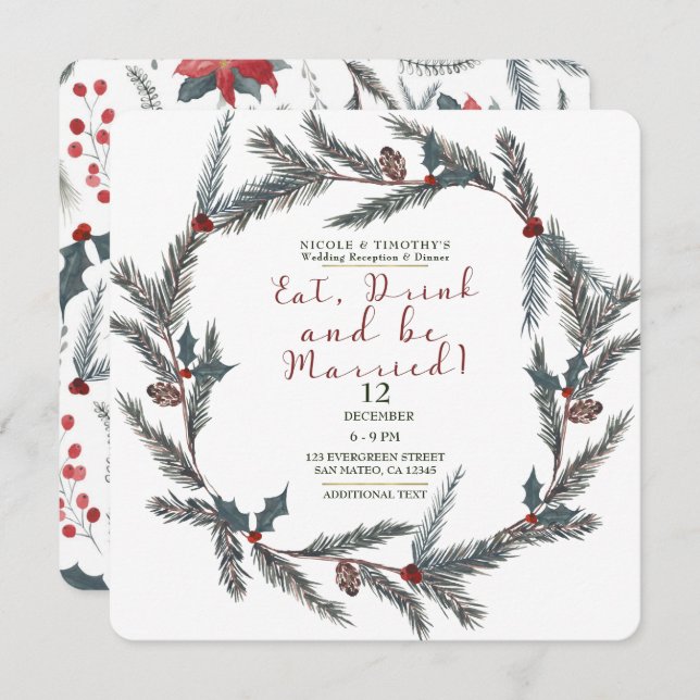 Winter Pine Berry Eat Drink Be Married Wedding Invitation (Front/Back)