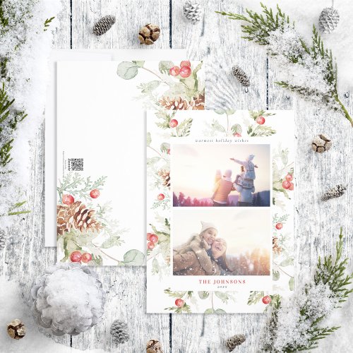 Winter Pine Berry Greenery 2 Photo Holiday Card