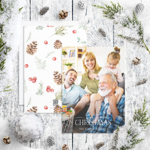 Winter Pine Berry Merry Christmas Script Photo Hol Holiday Card