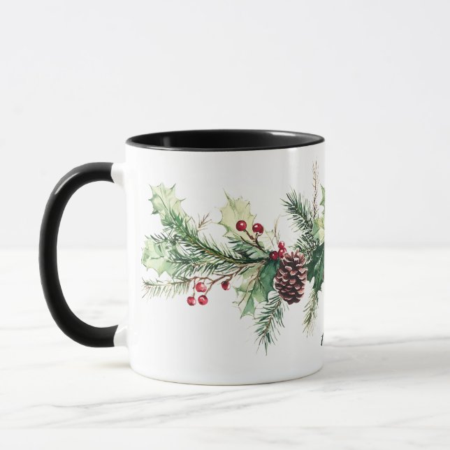Winter Pine Berry Personalized Name Holiday Mug (Left)