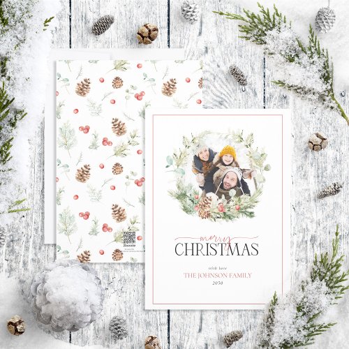 Winter Pine Berry Wreath Merry Christmas Photo Hol Holiday Card