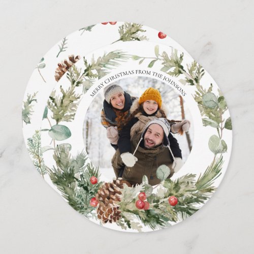 Winter Pine Berry Wreath Round Photo Holiday Card