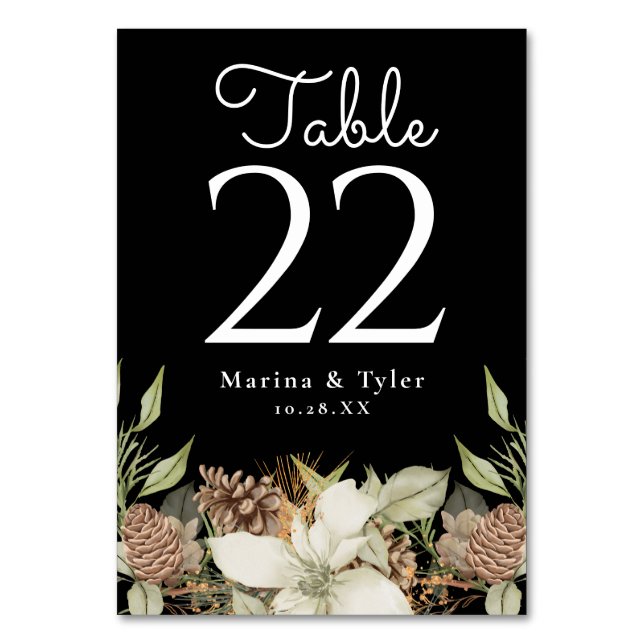 Winter Pine Black Wedding Table Number Cards (Back)