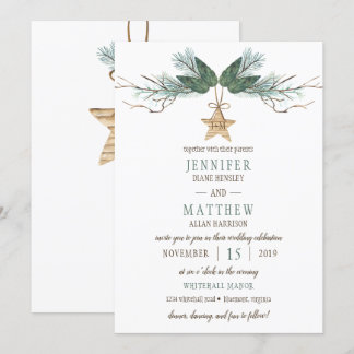 Winter Pine Branches Pine Cones Star Wedding Invitation
