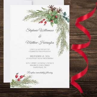 Winter Pine Branches with Berries Wedding Invitation