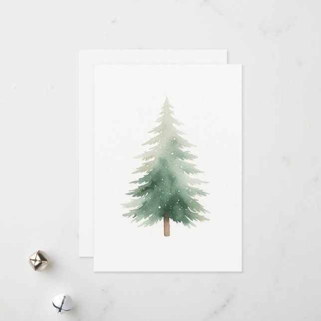 Winter Pine Christmas Tree Watercolor Holiday Card (Front/Back In Situ)