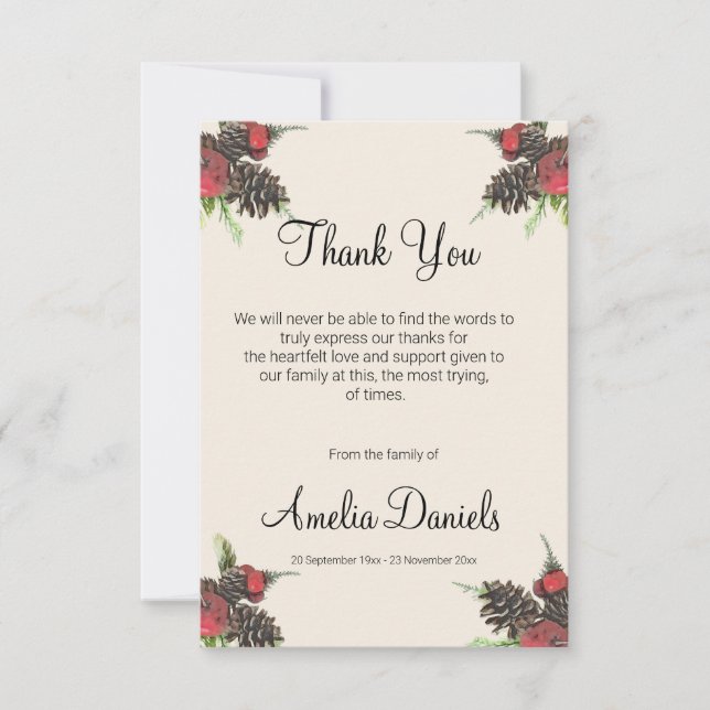 Winter Pine Cone and Berry Funeral Thank You Cards (Front)