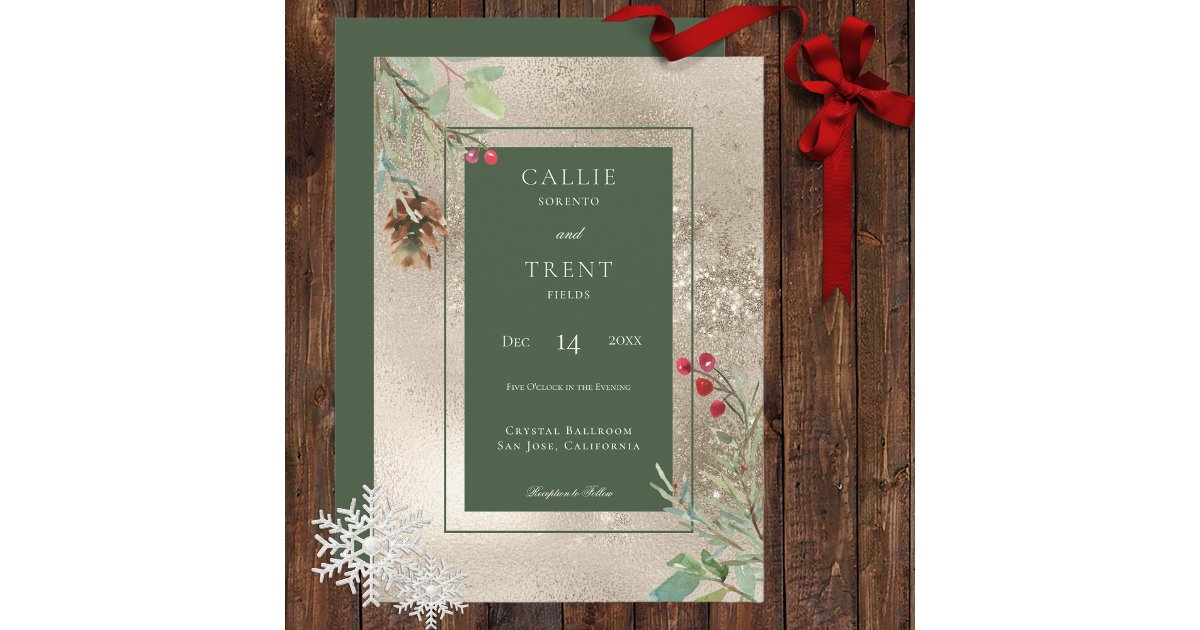 Winter Pine Cone Berries Gold Wedding Invitation | Zazzle
