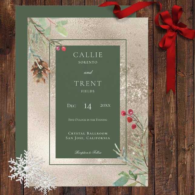 Winter Pine Cone Berries Gold Wedding Invitation (Creator Uploaded)