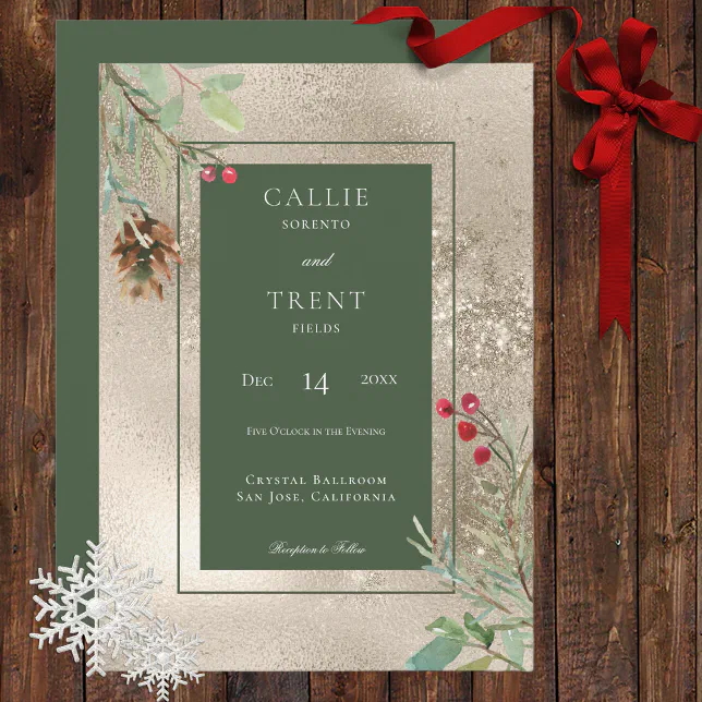 Winter Pine Cone Berries Gold Wedding Invitation | Zazzle