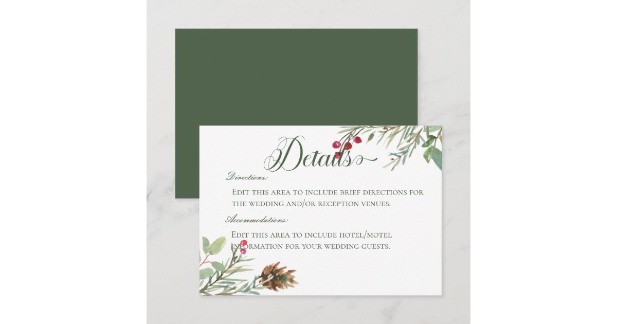 Winter Pine Cone Berries Modern Details Wedding Enclosure Card | Zazzle