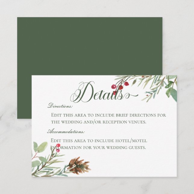 Winter Pine Cone Berries Modern Details Wedding Enclosure Card (Front/Back)