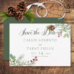 Winter Pine Cone Berries Modern Wedding Save The Date<br><div class="desc">This design features simple pine boughs with pine cones and red berries in opposite corners. The center is a beautiful soft dark sage green with white text. A perfect choice for a Christmas or winter wedding. Beautiful and elegant, this card is part of the Winter Pine Cone Berries Modern Wedding...</div>