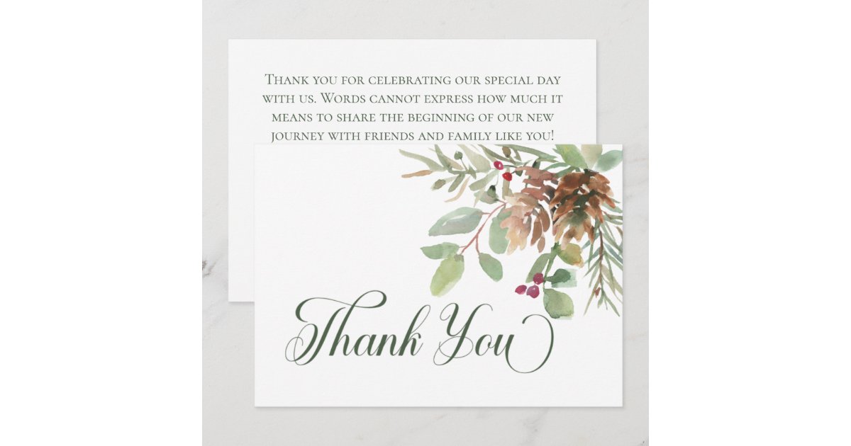 Winter Pine Cone Berries Modern Wedding Thank You Card | Zazzle