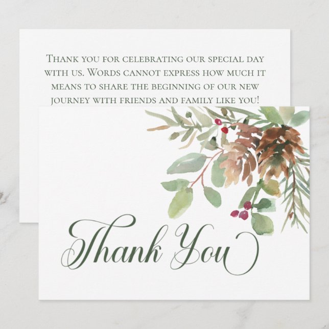 Winter Pine Cone Berries Modern Wedding Thank You Card (Front/Back)