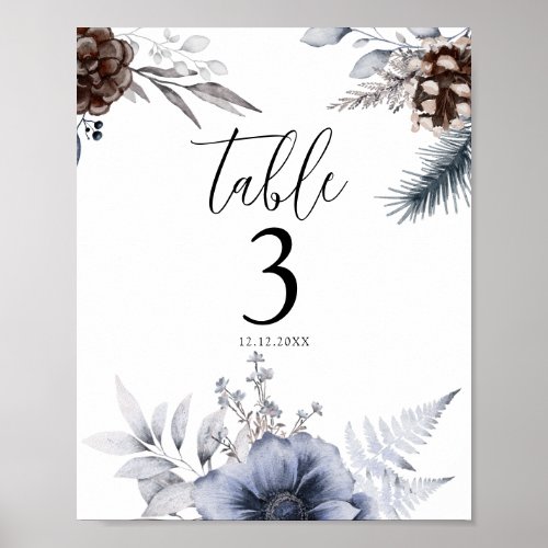 Winter Pine Cone Floral Wedding Table Number Poster