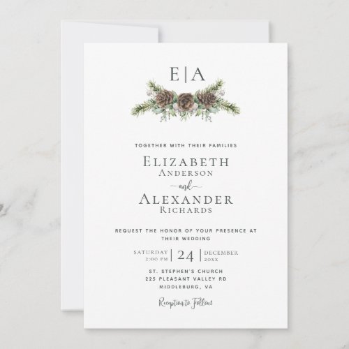 Winter Pine Cone Greenery Monogram Wedding Invitation