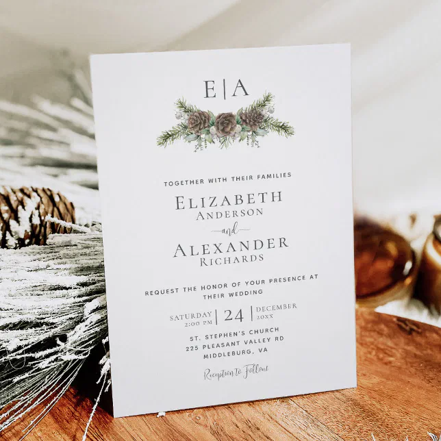 Winter Pine Cone Greenery Monogram Wedding Invitation | Zazzle