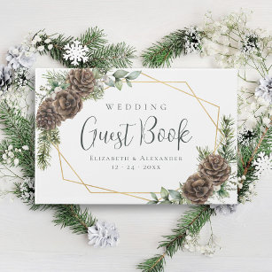 Winter Pine Cone Greenery Watercolor Wedding Guest Book