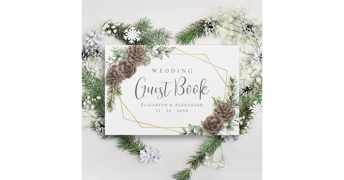 Winter Pine Cone Greenery Watercolor Wedding Guest Book | Zazzle